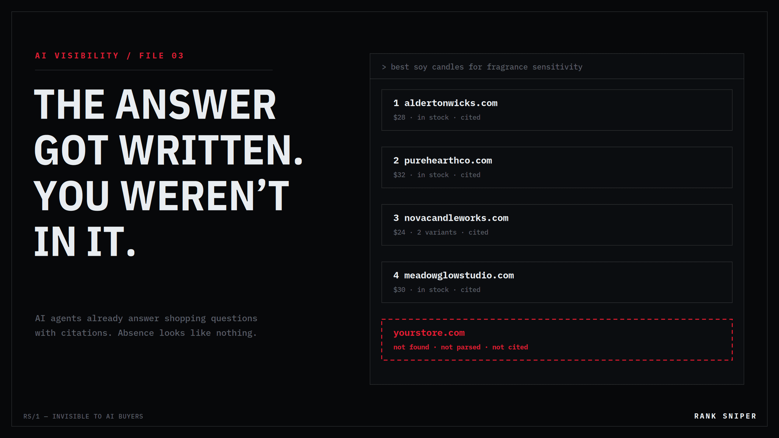An AI answer panel citing three competitor stores, with a red empty fourth slot marked 'your store — not found'