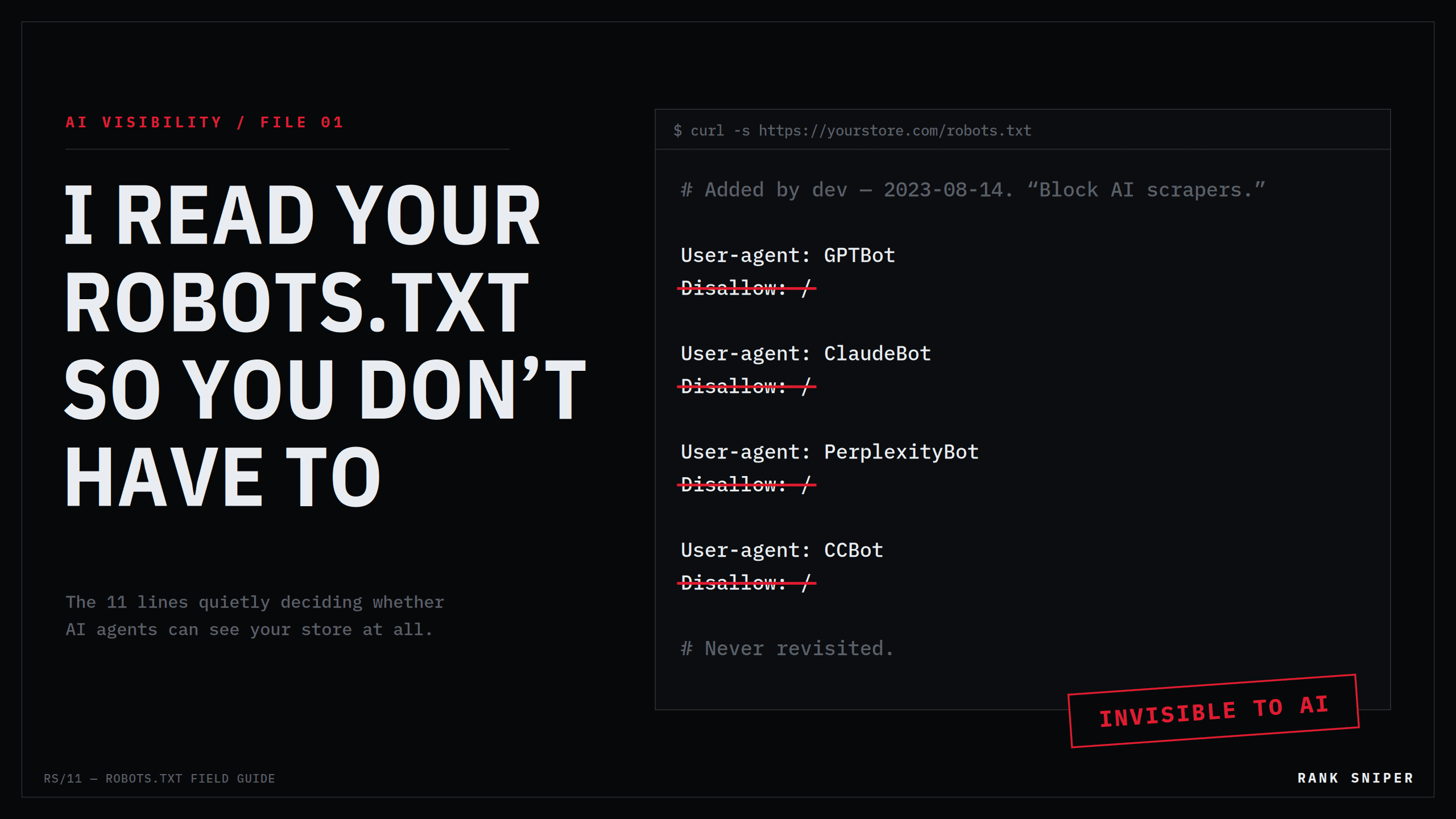 Terminal rendering of a 2023-era robots.txt file with every Disallow line struck through in red, stamped INVISIBLE TO AI